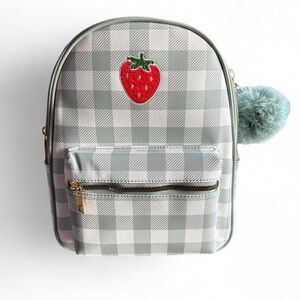 Like Dreams Vegan Leather Plaid Matcha Green Mini Backpack with Strawberry Patch